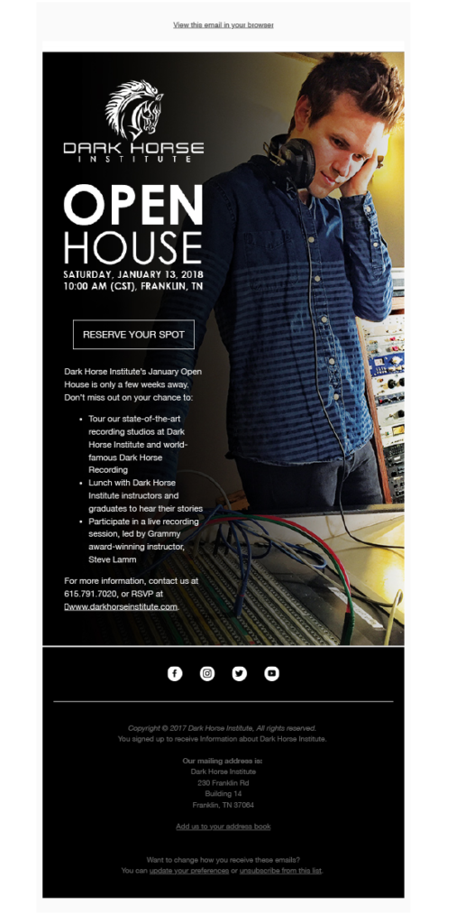 Dark Horse Institute Open House Email