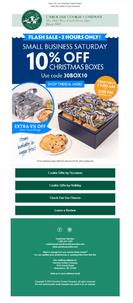 Carolina Cookie Company Small Business Saturday Email