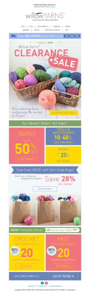 Herrschners Willow Yarns Clearance Sale Email